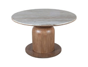 Mid-century modern round dining table with Fantasy Brown marble slab top and walnut pedestal base paired with 4 curved brown multi-tone boucle fabric chairs